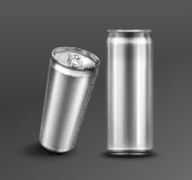 Aluminium can for soda or beer in front and perspective view. Vector realistic mockup of metal tin can for drink with ring pull on lid. 3d template of blank silver package for cold beverage