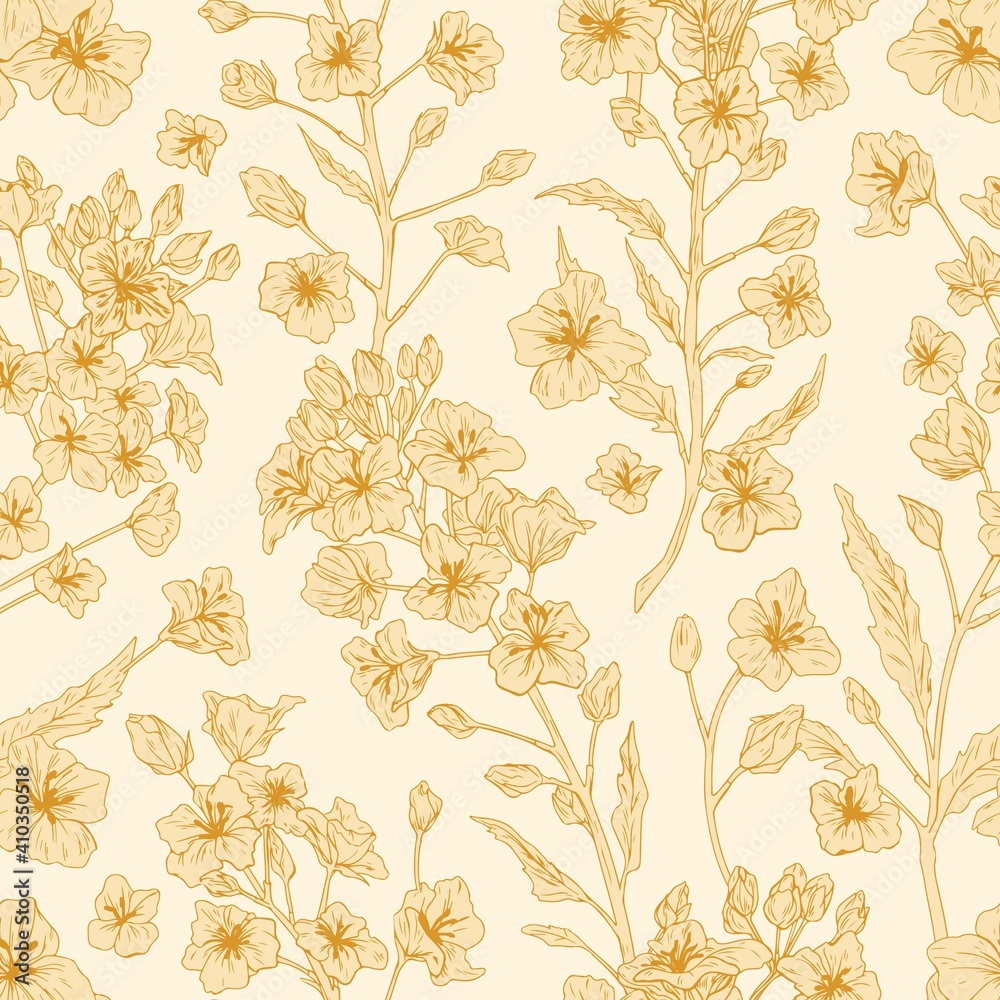 Poster elegant seamless pattern of rapeseed plant or canola flowers. endless repeatable floral texture in r