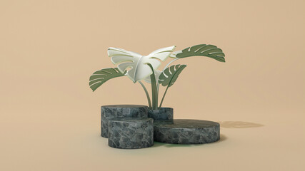 Abstract minimal scene circle podiums with monstera leaves. 3D Illustration