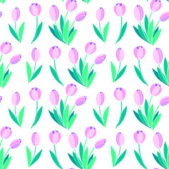 Vector seamless pattern with pink tulip flowers. Hand drawn spring texture, background. For wrapping paper, textile, greeting card, wedding, birthday, mother's or women's or Valentine's Day