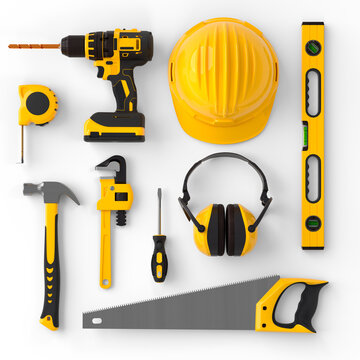 Set of construction tools for repair and installation on white background