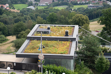 Environment friendly family house. Home building with grass roof top. European hilly rooftop garden 