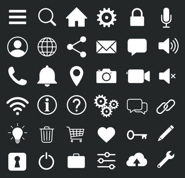 Web application interface icon collection. Internet page and website vector symbol set. Search, home, settings, account, lock and info button sign. Cogwheel, magnify, wi-fi and user profile logo.