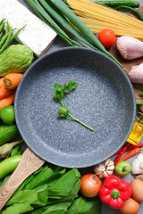 top view of pan and cooking ingredients 