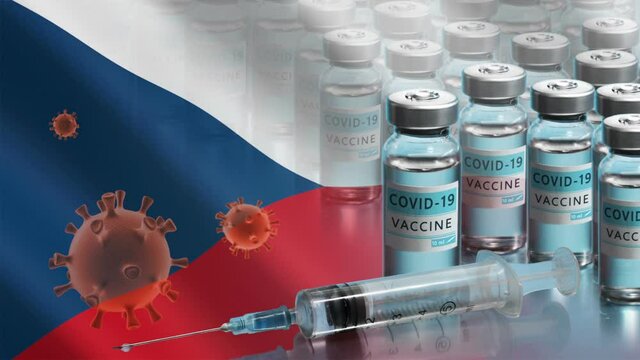 Czech Republic to launch COVID-19 vaccination campaign. Coronavirus vaccine vials, Covid 19 cells and flag of Czech Republic. Research and creation of a vaccine. Seamless loop video.