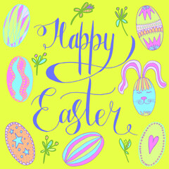 Vector set Happy Easter. Inscription, painted eggs and Easter bunny in herbs
