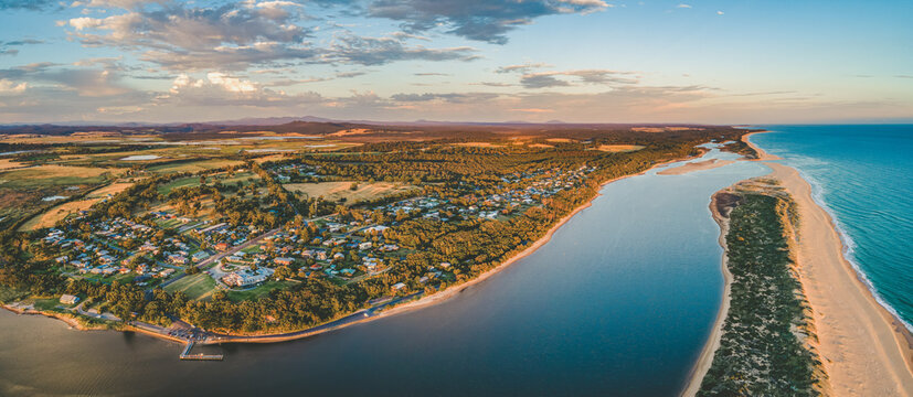 Beautiful aerial panorama of Marlo and Snowy River estuary at sunset