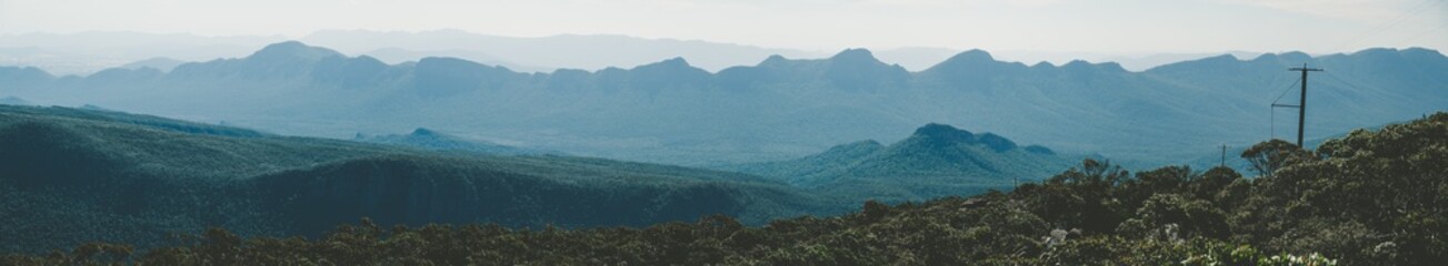 Extra wide panorama of mountain ridges in Grampians, Australia