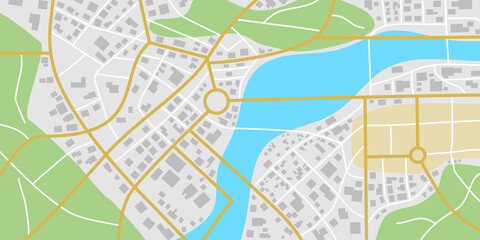 A fictional city map with rivers and parks.