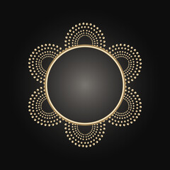 Golden frame with lace ornament in circle on black background. Art deco. Luxury gold round mandala, hand draw design. Ethnic motif. Abstract vector illustration. Template design for invitation.