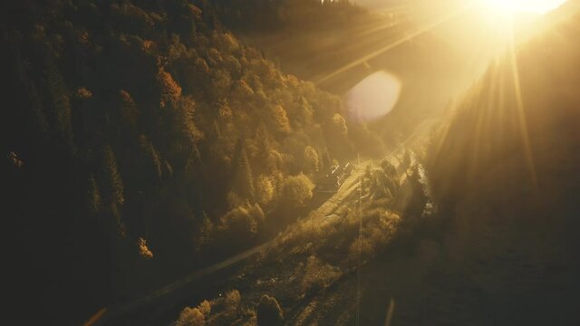 Sun mountain village aerial. Autumn nobody nature landscape. Rural vacation. Countryside road at houses. Fir, leaf forest on mount hills. Cinematic sunny fall at Carpathians, Ukraine, Europe