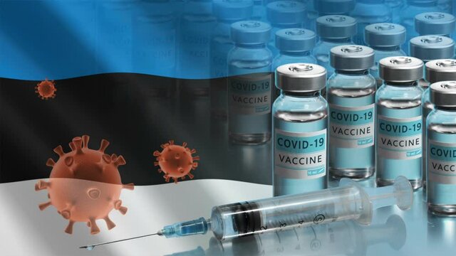 Estonia to launch COVID-19 vaccination campaign. Coronavirus vaccine vials, Covid 19 cells and flag of Estonia. Fighting the epidemic. Research and creation of a vaccine. Seamless loop video.