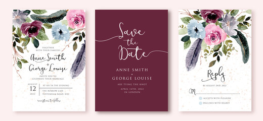 wedding invitation set with rustic floral and feather watercolor