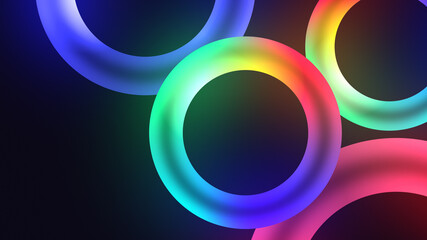 Colorful glowing circles or torus with nice dynamic Glowing light effect, space for text , scanning rings, laser show technology, esoteric energy, ultraviolet spectrum, 4k , 3d render.