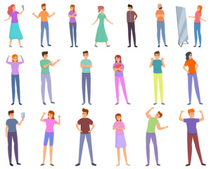 Self-esteem icons set. Cartoon set of self-esteem vector icons for web design