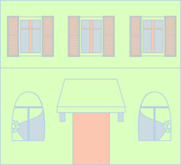 Bright house on the street of Provence. Simple 2D illustration. 
Architectural background. 
Bright colors: green,  blue, orange. Vector illustration.