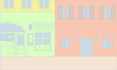 Provence street. Simple 2D illustration. Two houses of different colors. 
Architectural background. 
Bright colors: green, orange, blue and yellow. Vector illustration.