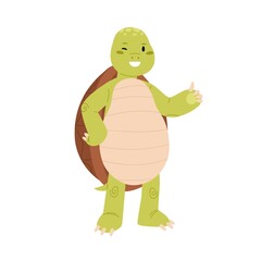 Cute and happy green turtle with thumb up gesture. Funny smiling tortoise character winking and showing OK sign. Animal mascot. Childish colored flat vector illustration isolated on white background