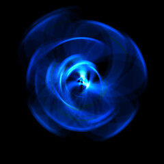 Spinning rays of light isolated on black background. Graphic 2D illustration of glowing colorful light particles in circular motion.