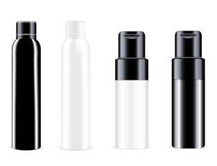 Spray bottle. Vector can, aluminum tin deodorant blank. Cosmetic spray container mockup. Realistic aluminium freshener tube mock up. Round refresher package. Toilet odor or antiperspirant