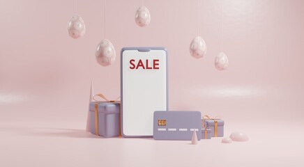 Easter sale concept. Online shopping with mobile phone. 3d rendered
