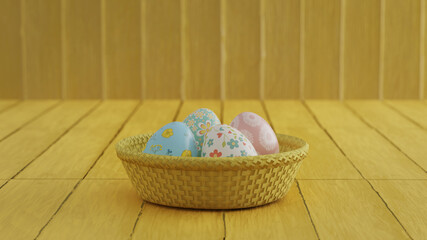 Yellow spring concept. Easter eggs in basket