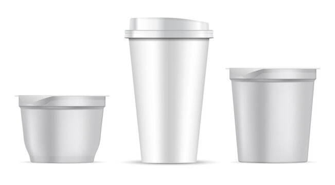 Paper coffee cup. Plastic food pot white blank. Isolated yougurt container vector template, disposable pack. Cardboard tea cup with cover, takeaway package mock up, foil top, round design