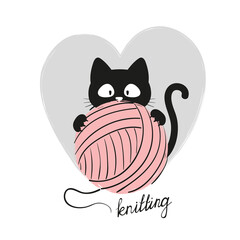 Black cat with a ball of yarn. Knitting vector illustration.