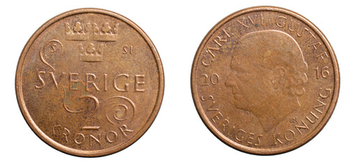 2 swedish kroner coin isolated on white background