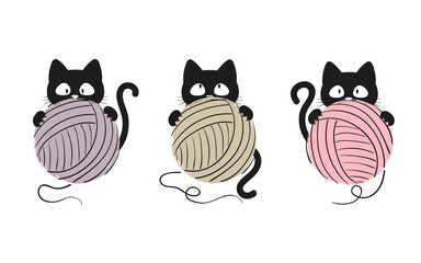 Black cat with a ball of yarn. Knitting set, vector illustration