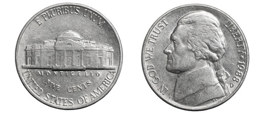 American five cents coin  isolated on white background