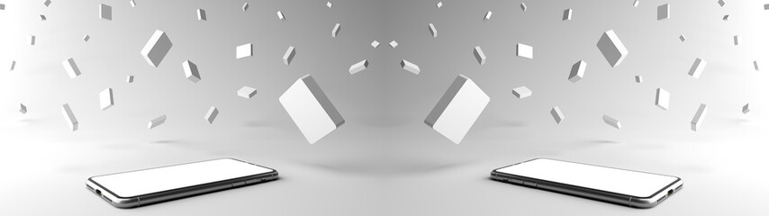 3D rendering. Minimal abstract scene with Smartphones white screen and Surrounded by square objects. Smartphone can be used for advertising, Isolated on white background. Display product, illustration