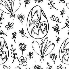 vector happy easter seamless pattern. Painted eggs with spring flowers and herbs