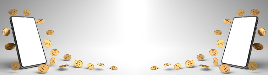 3D rendering of Smartphones white screen surrounded by Moneys. The concept of money on a mobile phone and Can fill the content on the white phones screen isolated on the white background, illustration