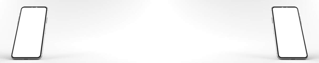 3D rendering of mockups Smartphones white screen on white floor, Mobile phone lay down on the ground. Smartphones white screen can be used for commercial advertising, Isolated on white background.