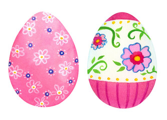 Easter eggs isolated on white background. Hand drawn watercolor easter eggs elements. Decorative, colorful, floral egg illustrations for Easter holiday projects.