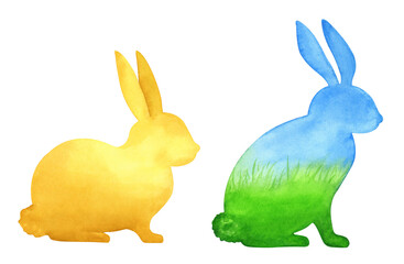 Watercolor bunny silhouette isolated on white background. Yellow and textured blue and green Easter rabbits illustrations, hand painted sumbols of bunnies.