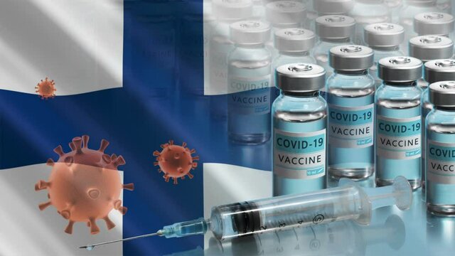 Finland to launch COVID-19 vaccination campaign. Coronavirus vaccine vials, Covid 19 cells and flag of Finland. Fighting the epidemic. Research and creation of a vaccine. Seamless loop video.