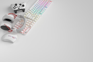 Top view of gamer workspace and gear like mouse, keyboard, joystick, headset © Vasyl Onyskiv