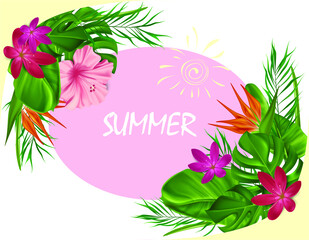 Exotic banner for the summer with tropical flower elements on a white background. Summer banner with exotic jungle plant with place for text. Vector illustration