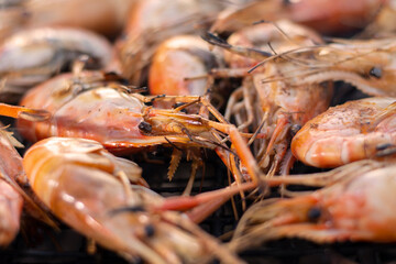 Grilled river shrimps on barbecue fireplace. Popular delicious seafood at Thailand. Selective focus and free space for text.