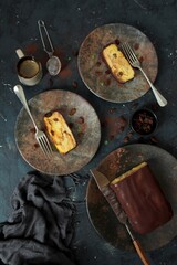 Bakery panettone pudding cake with raisins and chocolate on dark background. Top view with copy space.