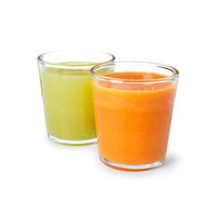 Glasses of delicious fresh juices on white background