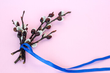 Easter bouquet on a pink background. Palm Sunday. Willow branches. Blank for an Easter card.