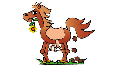 Pferd mit Blume im Maul und Pferdeäpfeln Tier Illustration