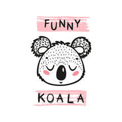 Funny Koala Bear Face. Doodle Cute Koala Head for Tee Print Design for Kids. Vector Cartoon Little Baby Animal. Scandinavian Card, Print or Poster Design
