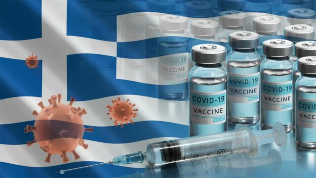 Greece to launch COVID-19 vaccination campaign. Coronavirus vaccine vials, Covid 19 cells and flag of Greece. Fighting the epidemic. Research and creation of a vaccine. Seamless loop video.