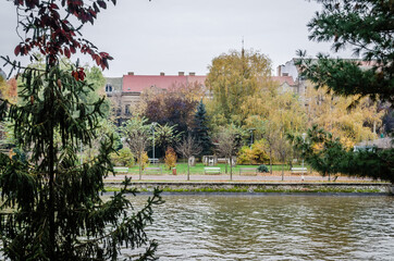 Fototapeta premium The Begej River flows through Timisoara, Romania 