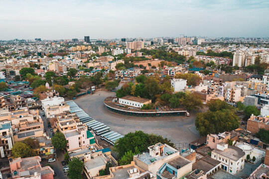 Aerial view of Gurugram bus station near the city of New Delhi in Haryana state during lockdown, India.