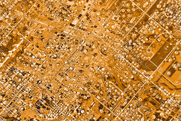 Microcircuit motherboard detail, abstract monochrome Yellow background.